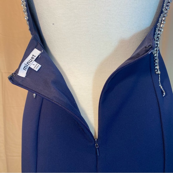 Minuet Navy Blue High Neck Knee Length Sleeveless Dress with Clear Beads Size L - Picture 5 of 9